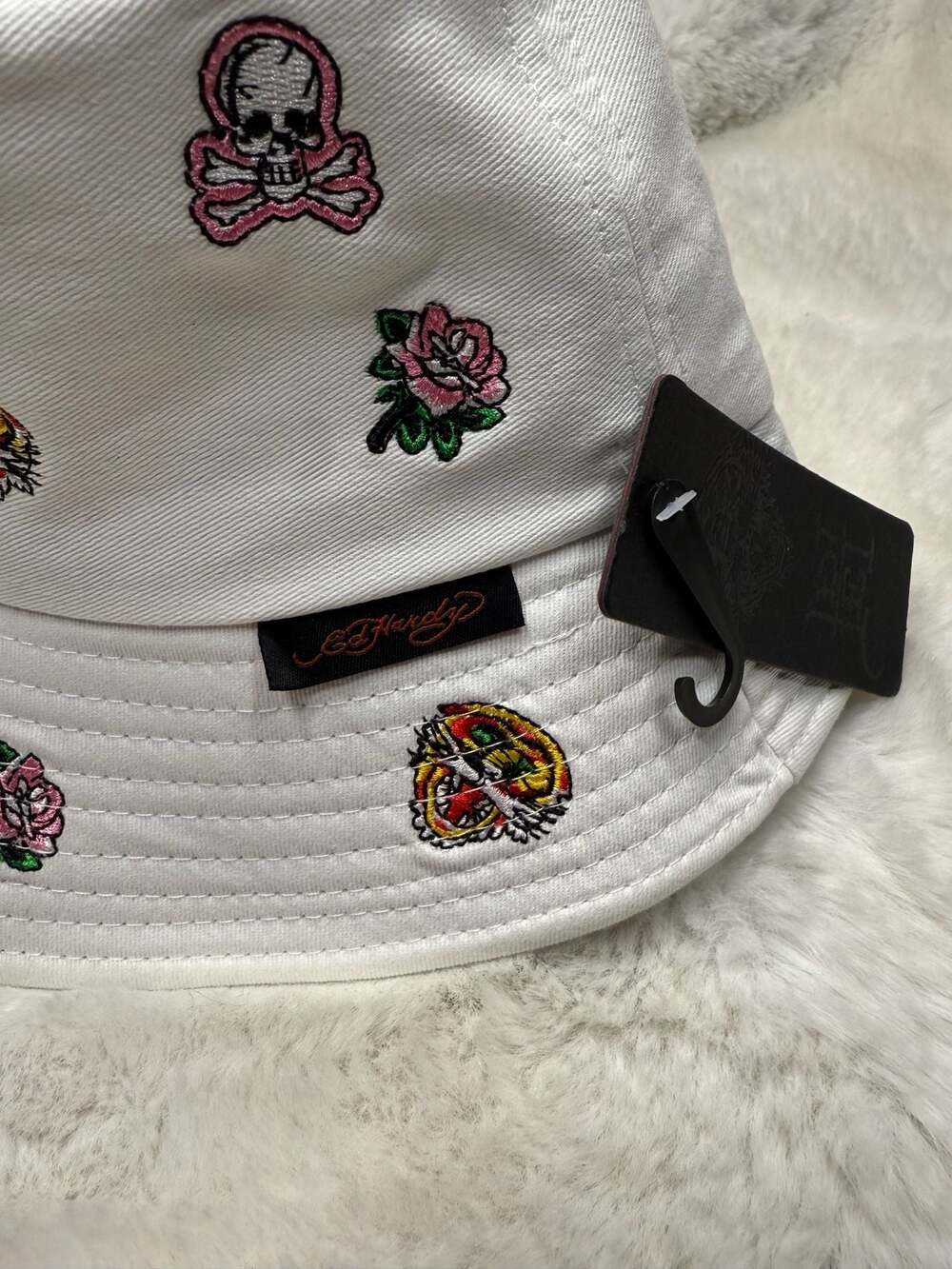Ed Hardy All-Over Embroidered Tattoo Print White Cotton Bucket Hat